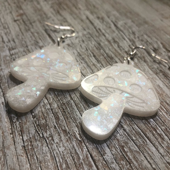 Mushroom Earrings - Handmade Pearlescent & Iridescent Rainbow Confetti - Picture 4 of 8